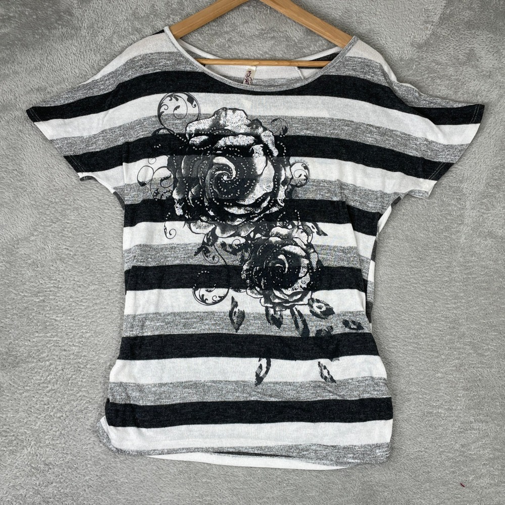 Andrea Missy Shirt Womens Large Gray Striped Floral Glitter Y2K Top Mcbling